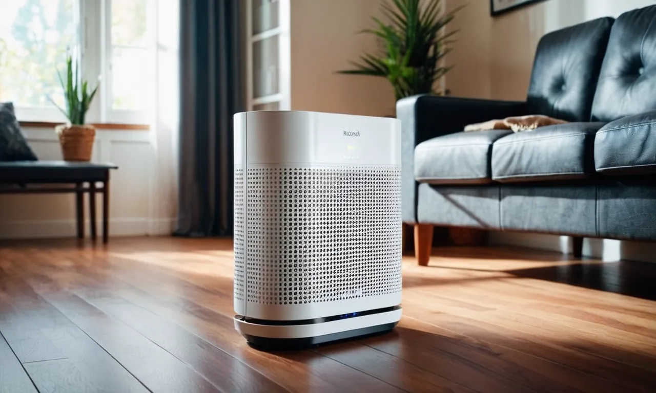 A close-up photo captures a sleek, modern air purifier effortlessly eliminating cigarette smoke from a living room, creating a clean and fresh environment.