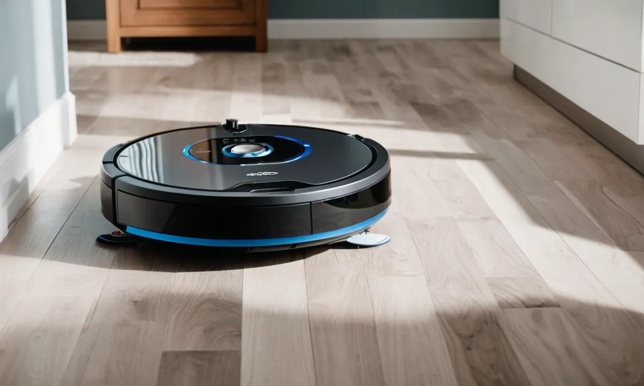 A photo capturing a sleek robot vacuum and mop combo effortlessly gliding across a spotless floor, showcasing its advanced technology and efficient cleaning capabilities.