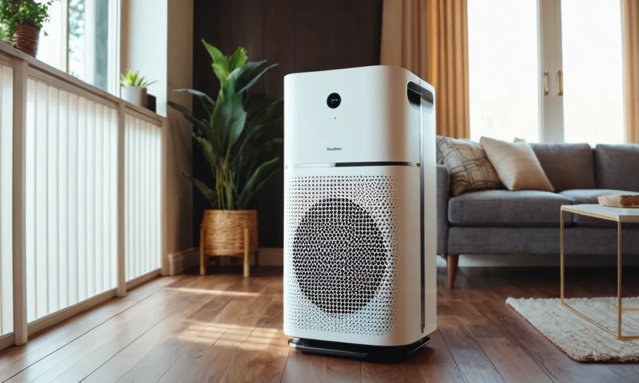 A close-up shot captures a sleek and modern air purifier in a sunlit room. The device stands tall, purifying the air with efficiency, while its HEPA filter effectively removes dust particles, ensuring a clean and healthy environment.