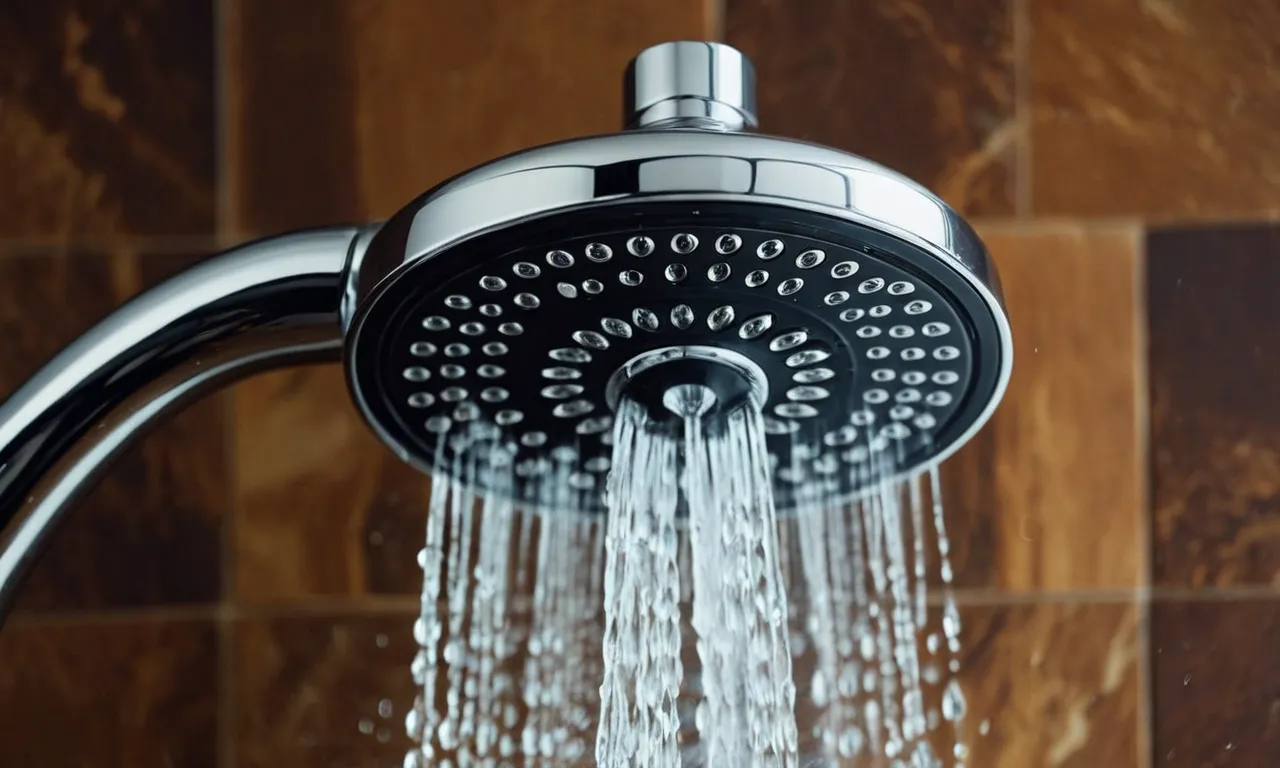 A close-up shot of a sleek chrome shower head with built-in water softening technology, surrounded by droplets of hard water residue, showcasing the need for the best shower head for hard water.