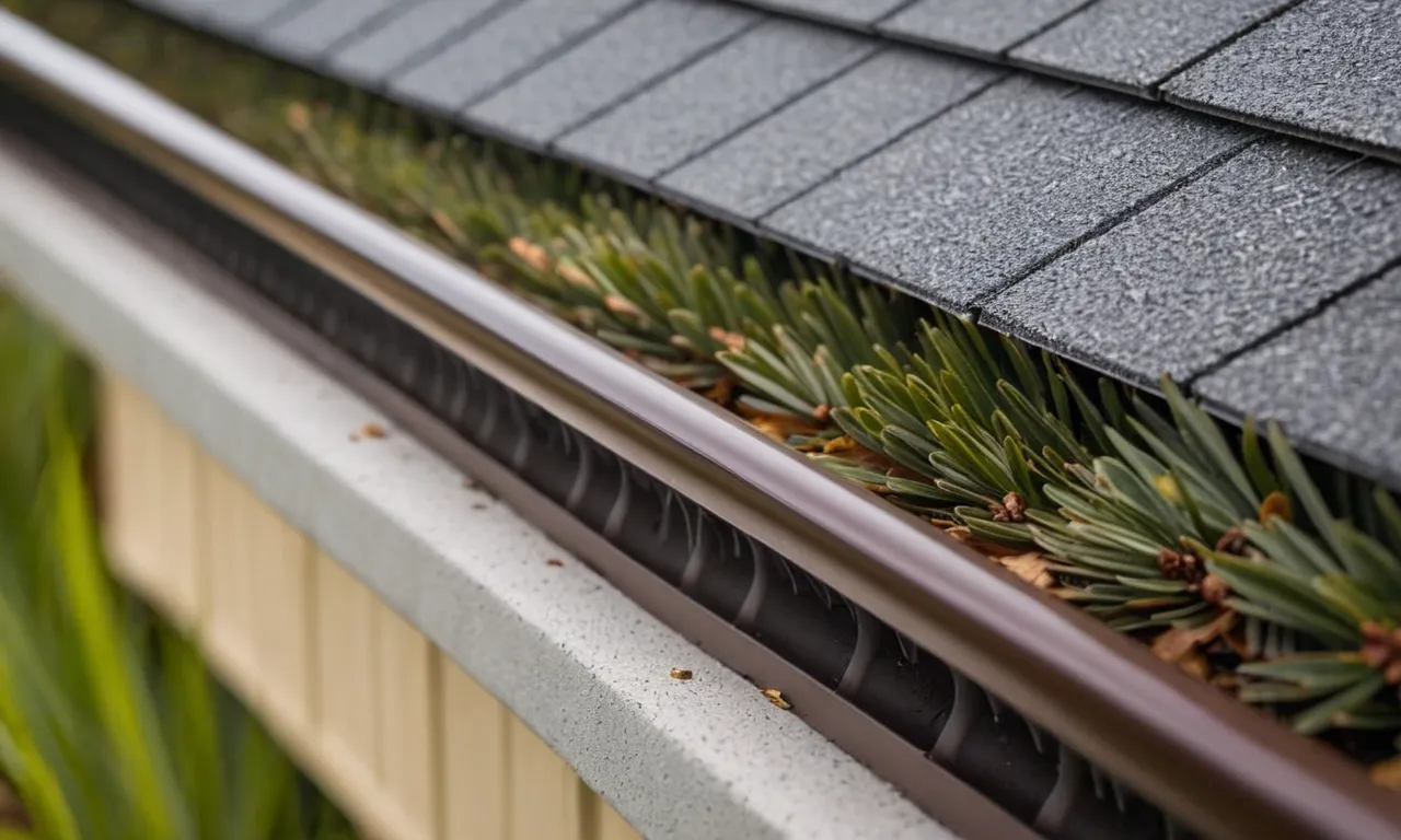 A close-up photo capturing the innovative design of a gutter guard, effectively preventing pine needles from clogging the gutter system, ensuring seamless water flow.