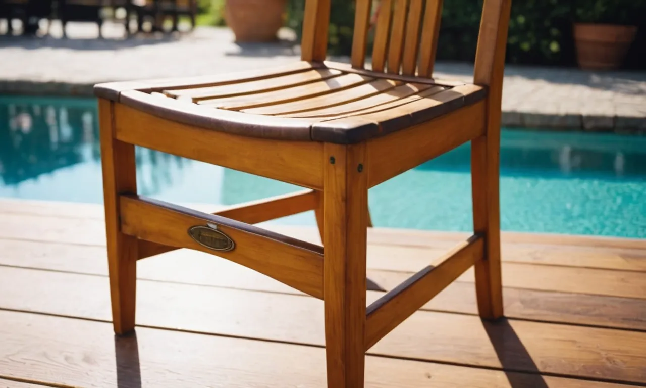 A close-up shot of a beautifully restored wooden chair on a sunlit patio, showcasing the smooth application and vibrant color of the best paint for outdoor wood furniture.