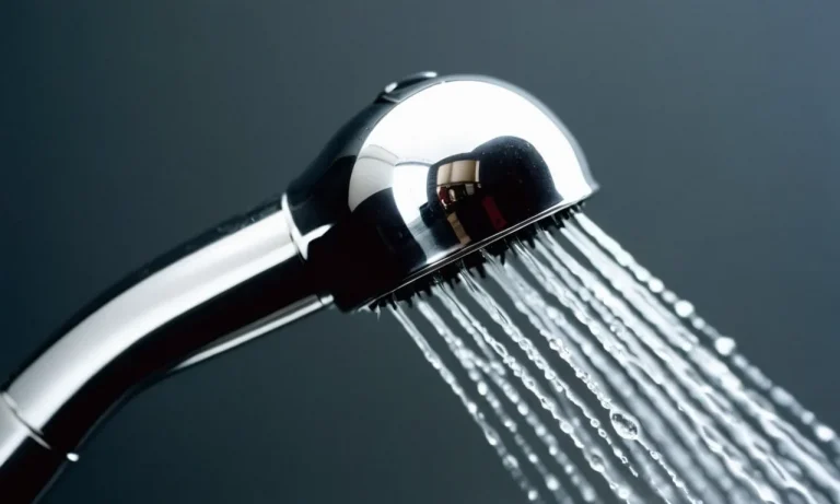 A close-up shot of a sleek, chrome handheld shower head, water droplets glistening as they cascade out forcefully, capturing the essence of the best high pressure shower experience.