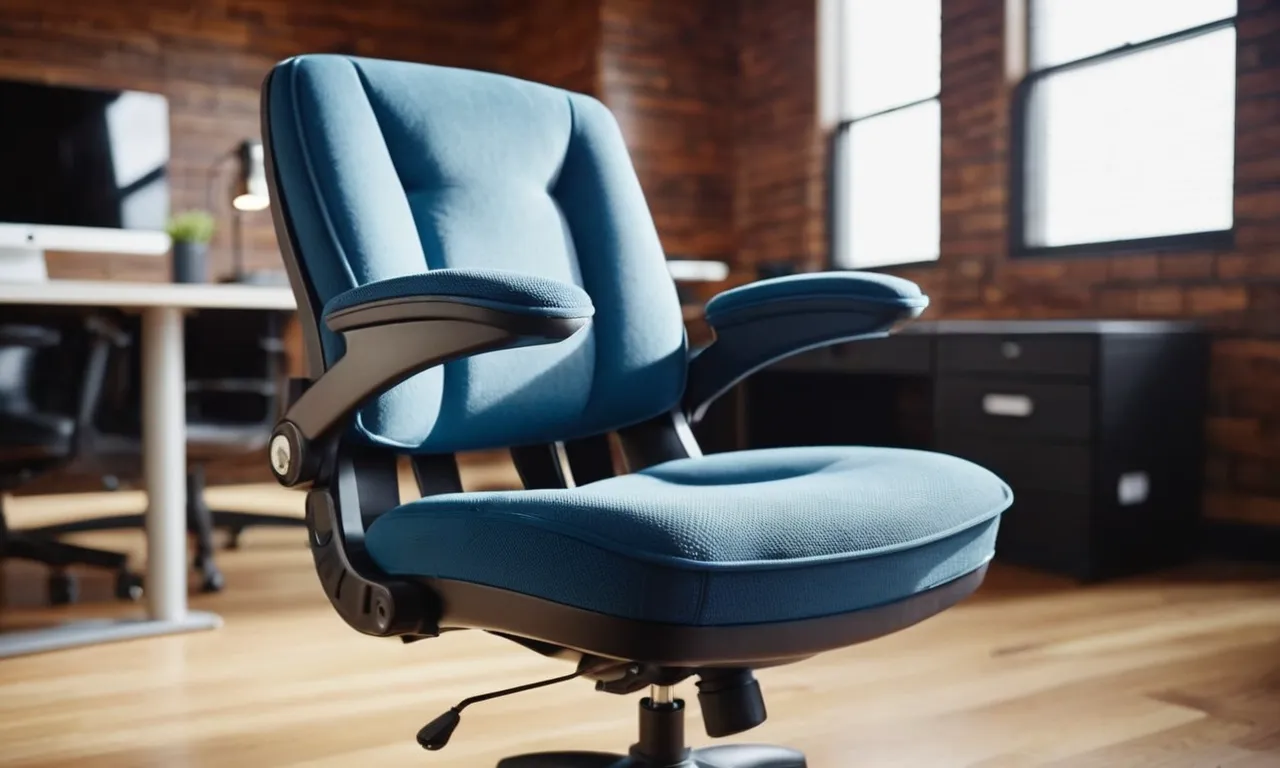 A close-up shot capturing a comfortable, ergonomic office chair adorned with a plush, memory foam seat cushion, inviting users to experience ultimate comfort and support during long work hours.