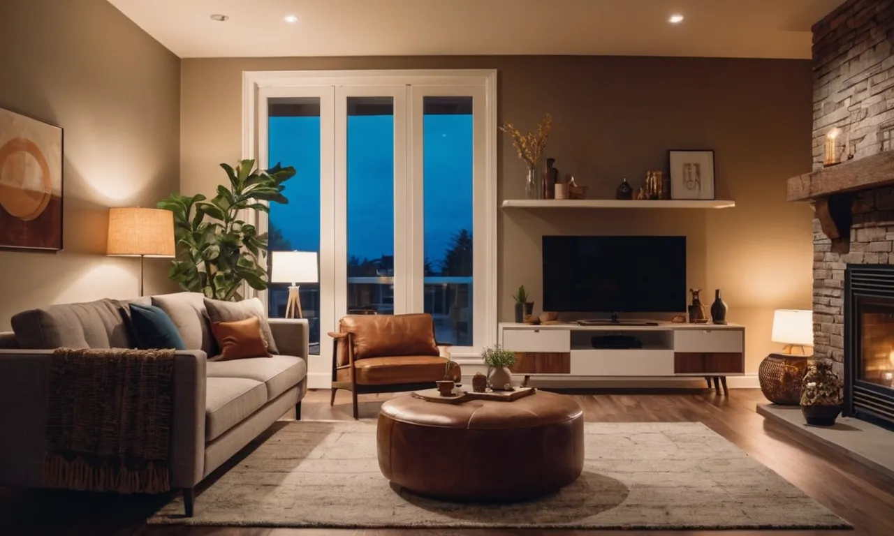 A cozy living room is illuminated by warm, soft light bulbs, casting a gentle glow on the comfortable furniture and creating a welcoming ambiance for relaxation and socializing.