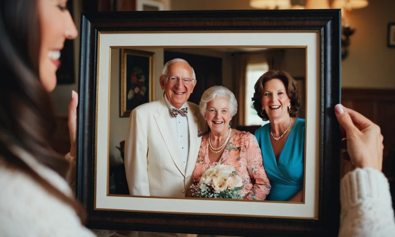 A heartwarming photo capturing a mother-in-law's pure joy and gratitude as she unwraps a beautifully framed portrait capturing cherished memories with her loved ones.
