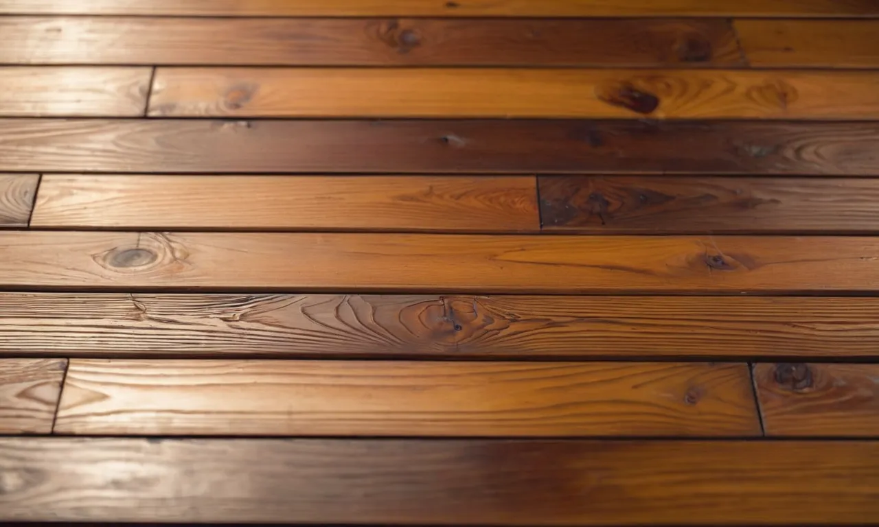 A close-up shot capturing the rich, amber hue of a freshly stained pressure-treated wood deck, highlighting its enhanced beauty and long-lasting protection.