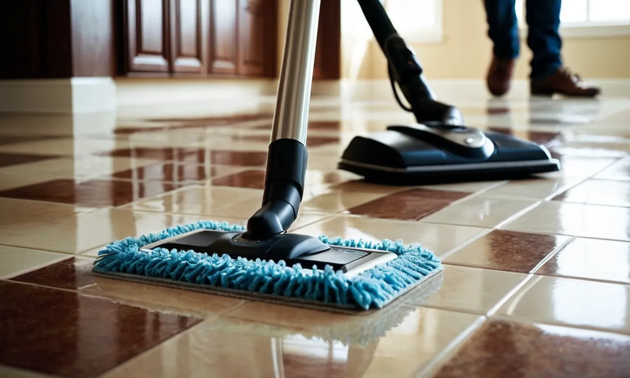 A perfectly clean and gleaming tile floor captured in a close-up shot, showcasing the effectiveness of the best steam mop, leaving no trace of dirt or grime behind.
