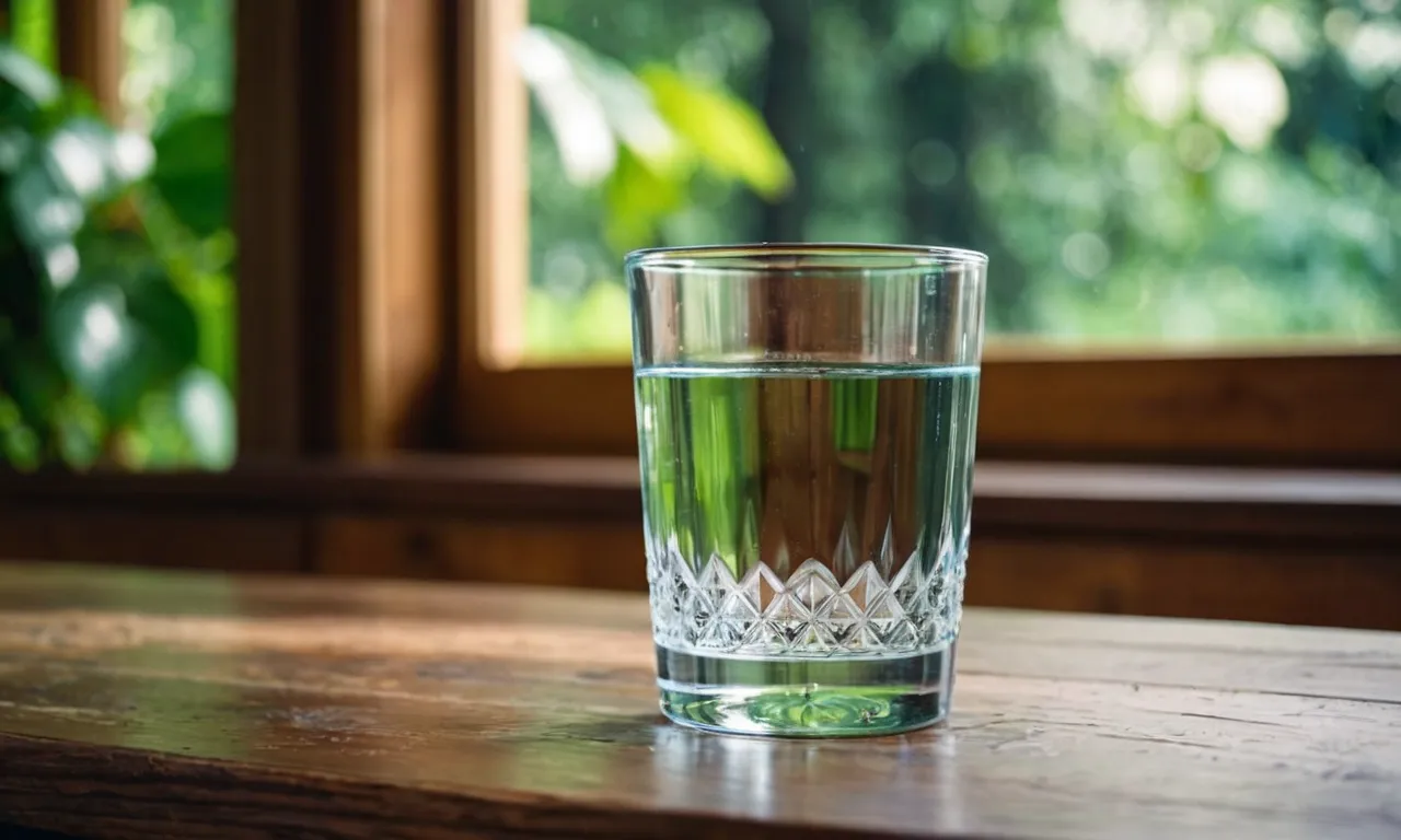 A crystal-clear glass of water sits on a rustic wooden table, framed by a lush green background. A whole house water filter for well water stands proudly nearby, ensuring purity and safety.