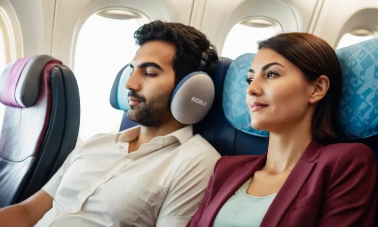 A close-up shot of a relaxed traveler, leaning back on their seat, with a comfortable travel neck pillow supporting their head during a long flight.