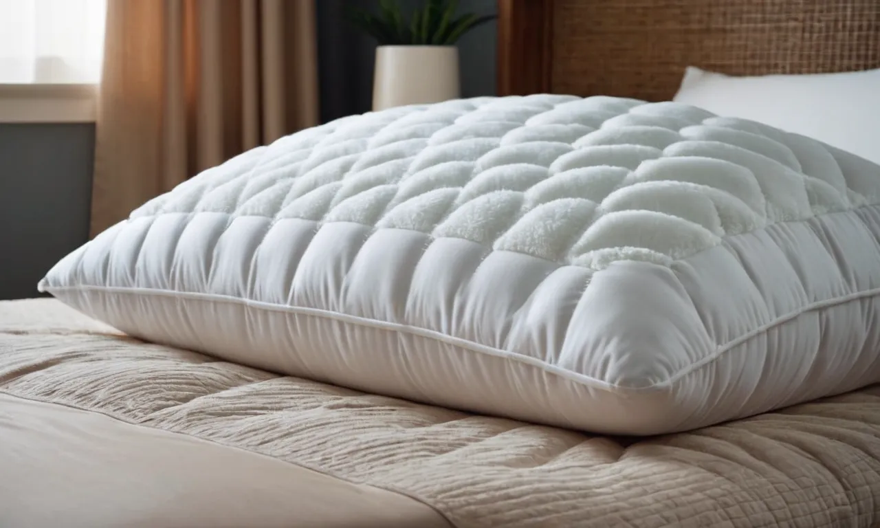 A close-up photo of a fluffy, contoured orthopedic pillow, perfectly supporting a serene sleeper's neck and back, providing relief from pain and ensuring a comfortable, restorative sleep.