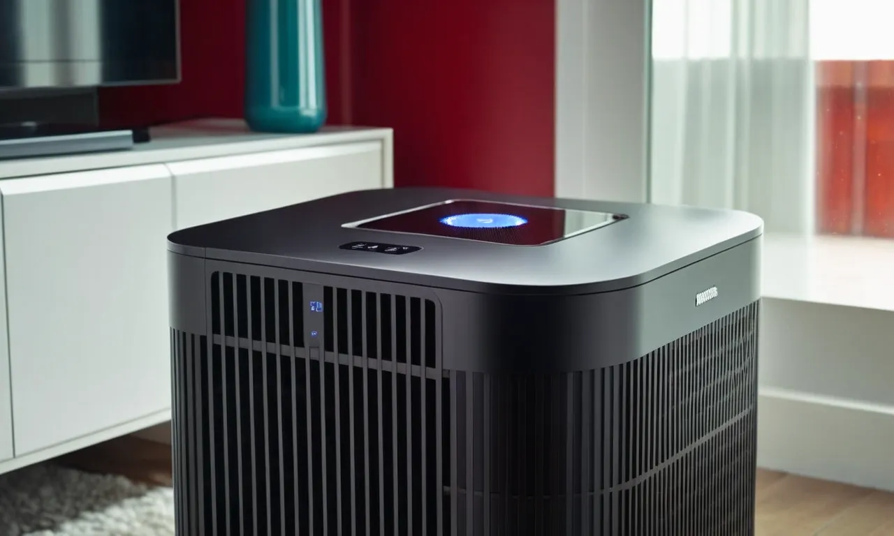 A close-up shot of a sleek, modern air purifier with a HEPA filter prominently displayed, capturing its effectiveness in removing allergens from the air.