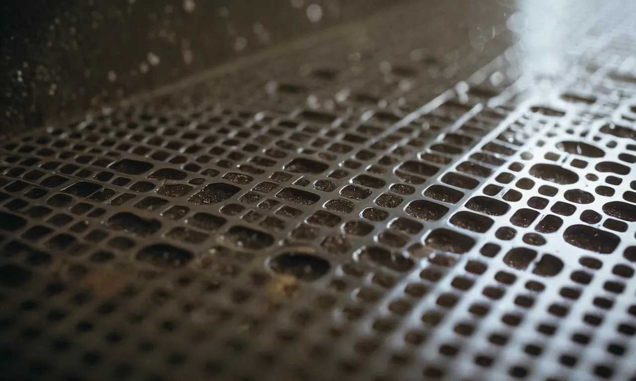 A close-up photo showcasing a shower drain cover with tiny holes, effectively catching hair strands and preventing them from clogging the drain, ensuring a clean and efficient shower experience.