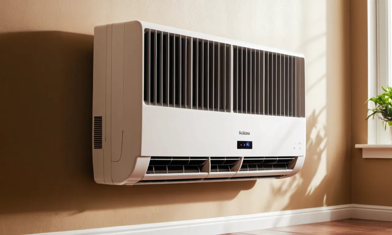 A close-up shot of a sleek, modern wall-mounted air conditioner heater combo seamlessly blending into the room's decor, providing optimal comfort and temperature control.