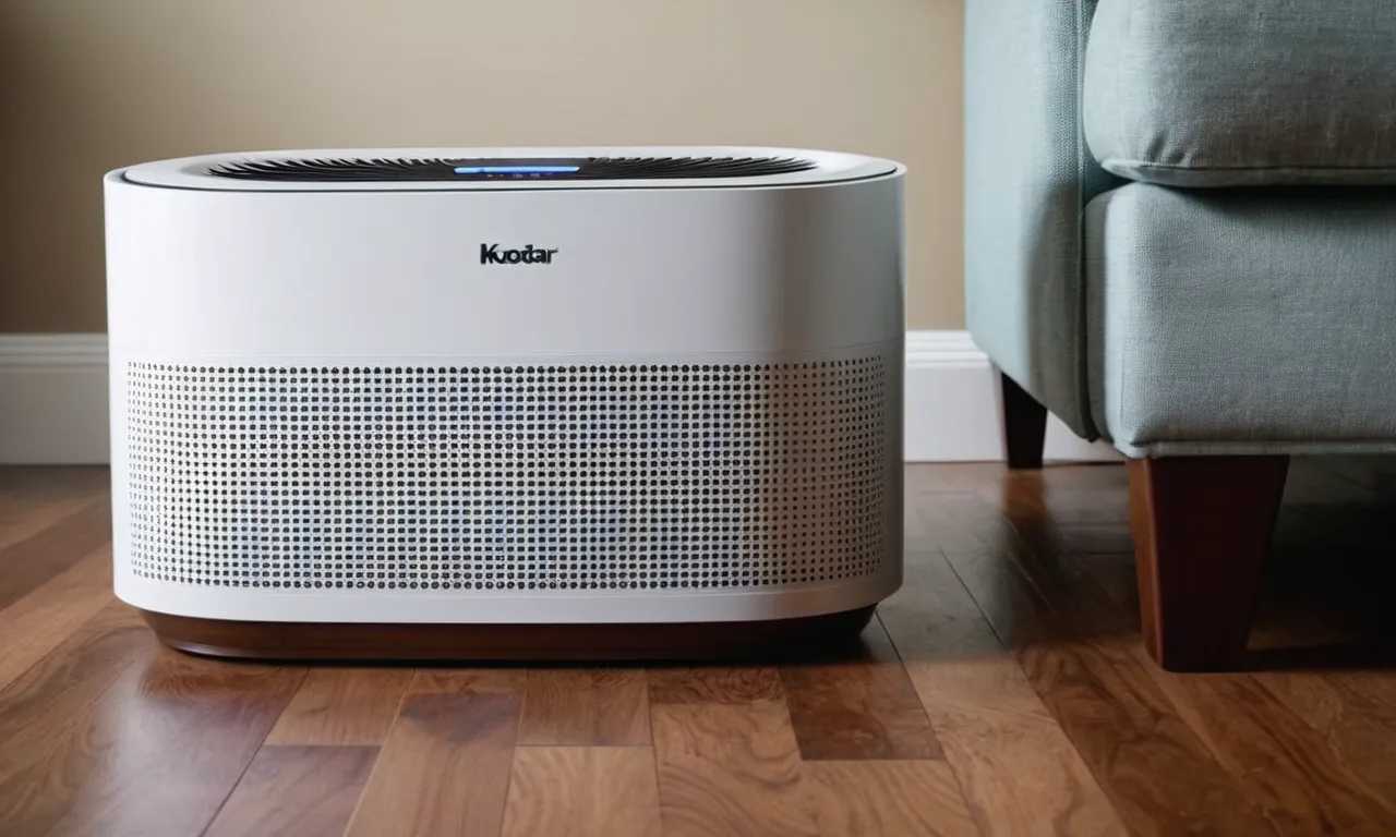 A close-up shot capturing a sleek, modern air purifier placed strategically near a litter box or pet bed, symbolizing its effectiveness in eliminating pet odors and promoting a fresh, clean environment.