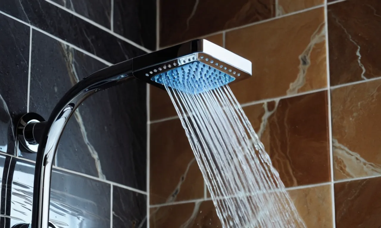 A close-up shot capturing the powerful stream of water pouring from a sleek, modern shower head, showcasing its ability to increase water pressure and provide an invigorating shower experience.