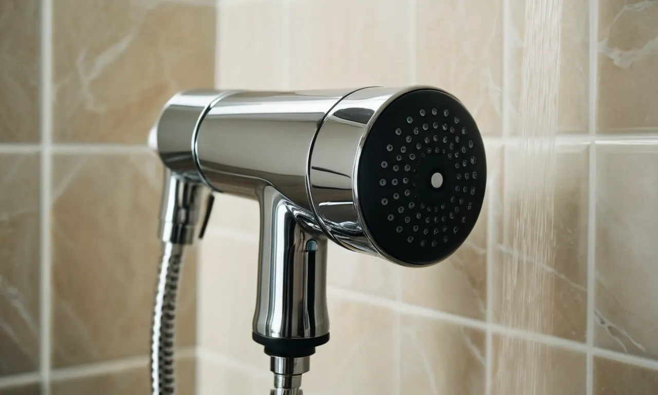 A close-up photo of a modern bathroom shower, showcasing a sleek, dual-function shower head with a detachable handheld sprayer, emphasizing its versatility and luxurious design.