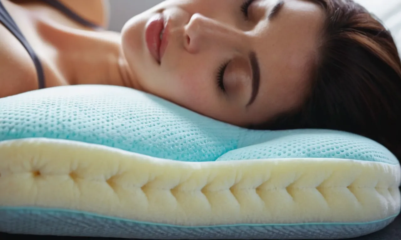 A close-up shot of a plush, contoured memory foam pillow cradling a person's neck, promoting optimal alignment and providing relief from neck pain.