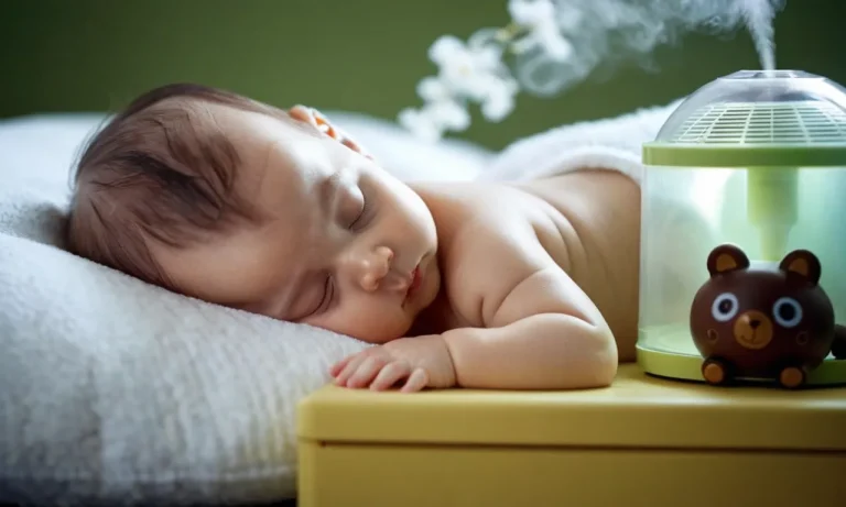 A serene image captures a peacefully sleeping baby, surrounded by a gentle cool mist emanating from a top-rated humidifier, providing optimal moisture for a restful night's sleep.