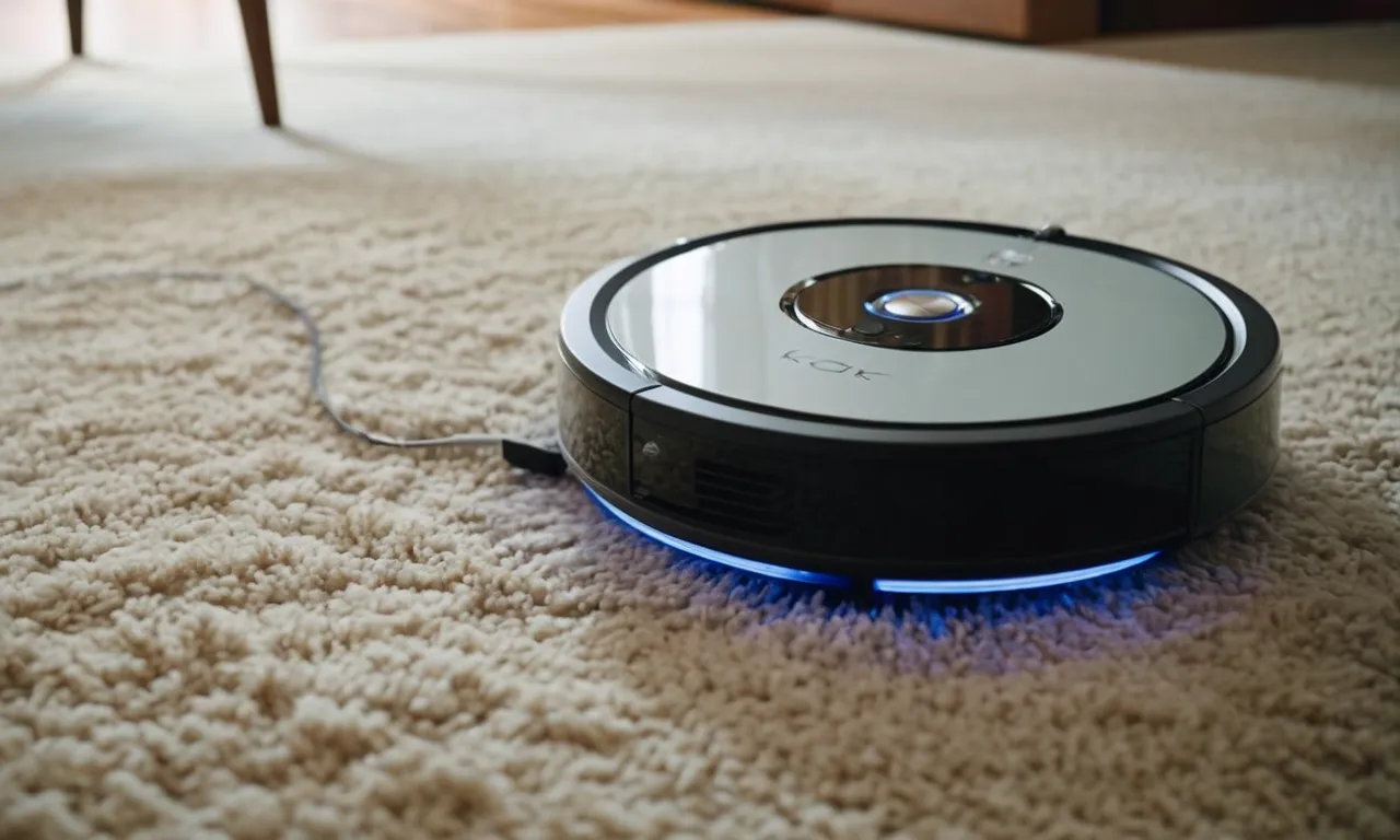 A close-up shot of a sleek robotic vacuum effortlessly gliding over a carpet, its bristles capturing every strand of pet hair, leaving behind a spotless surface.