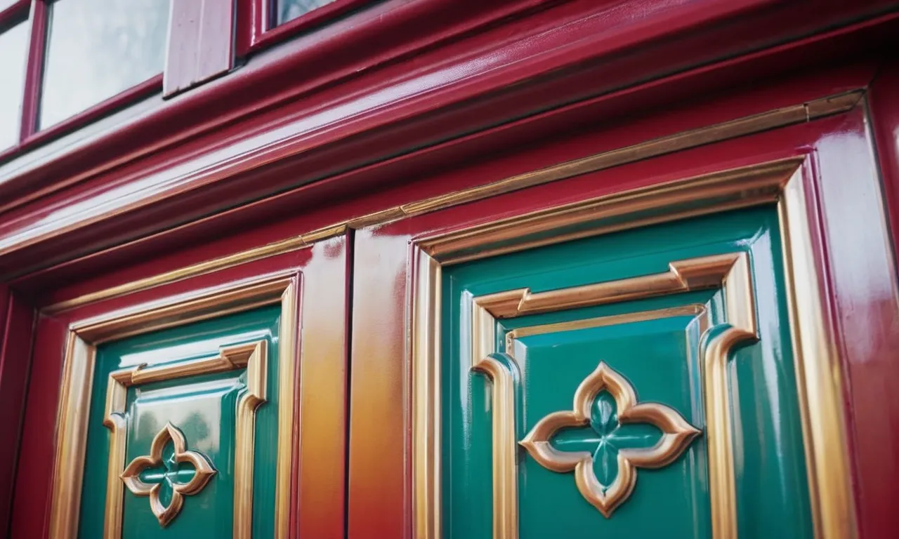 A close-up shot capturing the vibrant and glossy finish of an exterior metal door, showcasing the flawless application of the best paint, enhancing its durability and aesthetic appeal.
