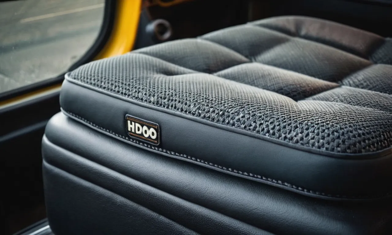 A close-up shot of a truck driver's seat cushion, showcasing its ergonomic design and comfortable padding, providing optimal support during long hours on the road.