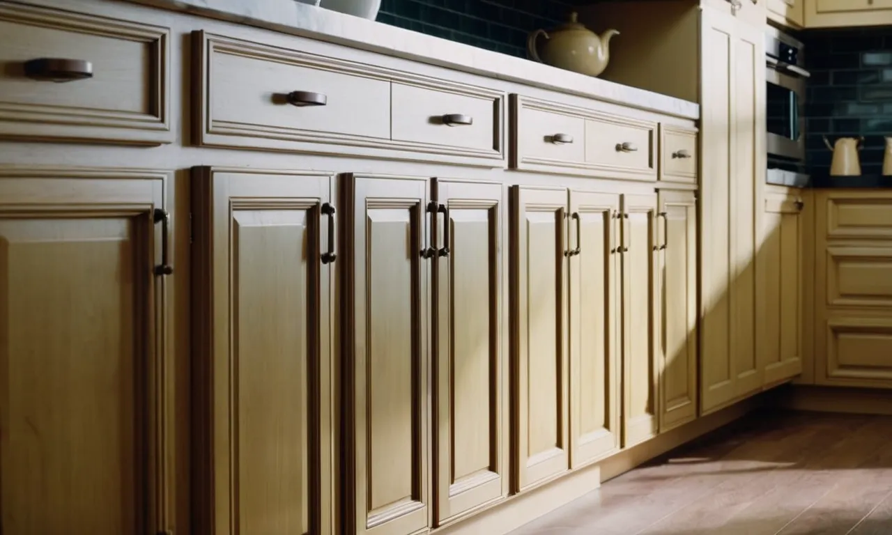 A close-up shot of beautifully painted kitchen cabinets, showcasing a smooth and flawless finish, without any signs of sanding or imperfections, capturing the transformation and elegance of the space.