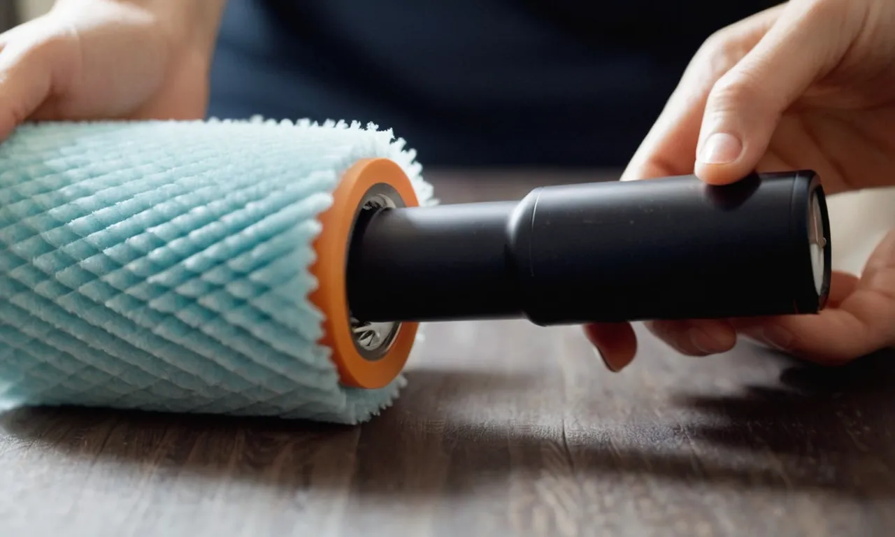 A close-up photo capturing a hand holding a lint roller covered in pet hair, showcasing its effectiveness at removing stubborn pet fur, leaving fabrics clean and pristine.