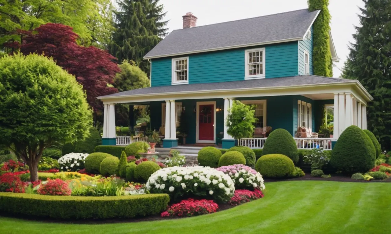 A captivating photo captures a vibrant front yard adorned with lush evergreen shrubs, framing the house with elegance and providing a year-round burst of greenery and beauty.