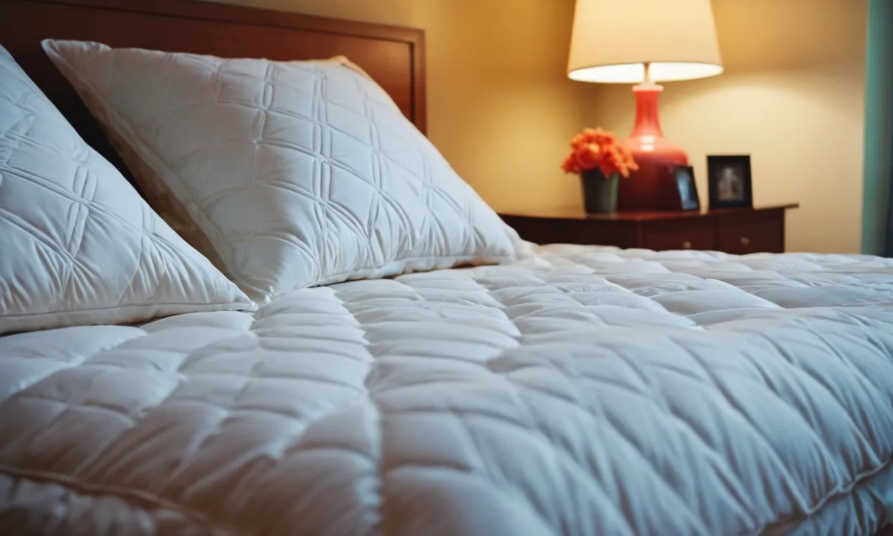 A close-up photo of a serene bedroom, featuring a fluffy down comforter in a vibrant, breathable fabric, perfect for hot sleepers seeking ultimate comfort and a restful night's sleep.