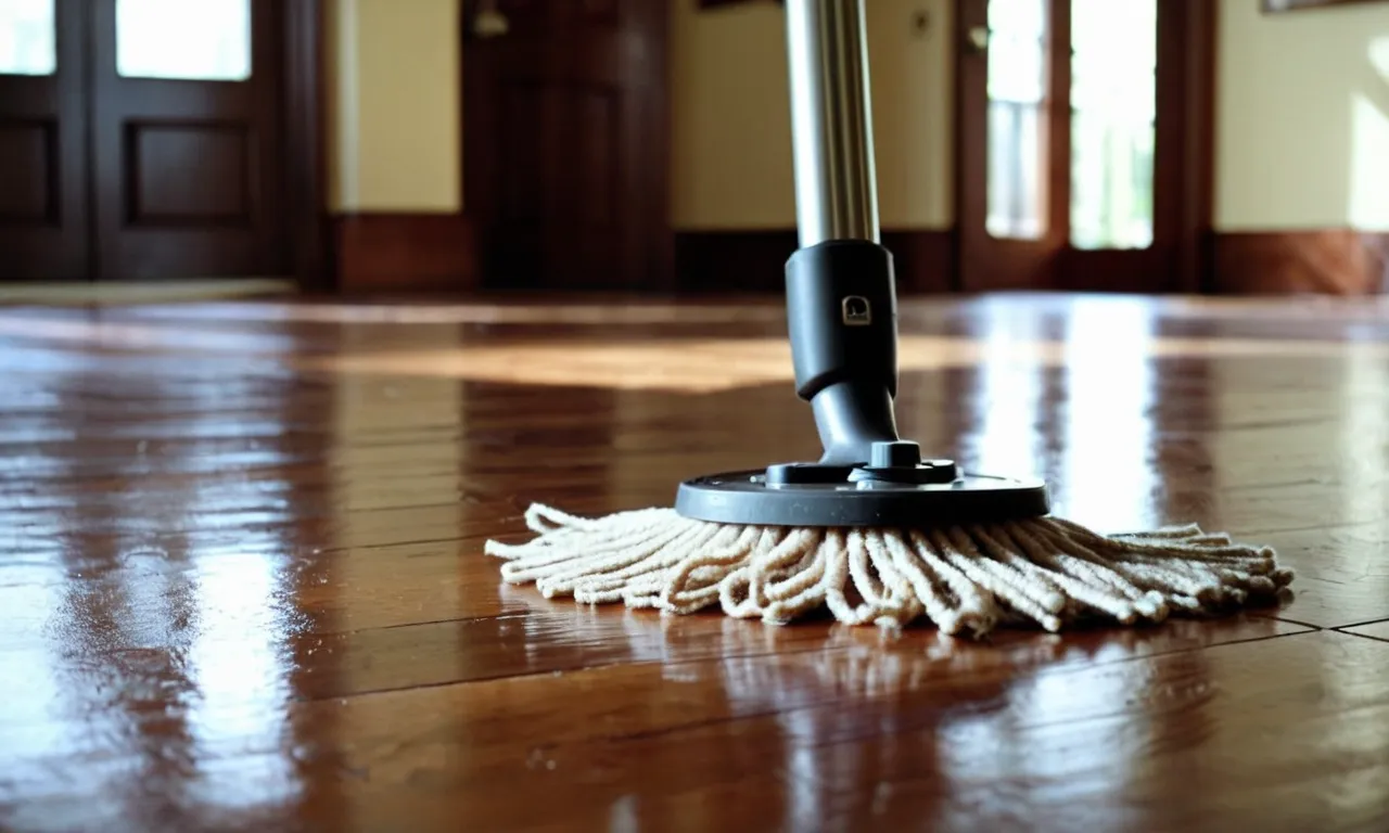 A close-up shot capturing a pristine hardwood floor being gently cleaned with a high-quality wet mop, showcasing its effectiveness in maintaining the floor's natural beauty.