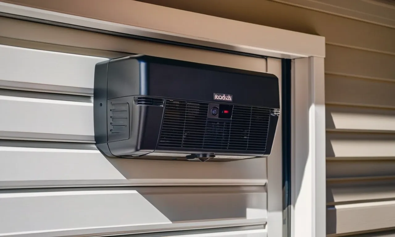 A photo showcasing a sleek wall-mounted garage door opener, neatly installed above a garage door, highlighting its compact design and convenient operation.