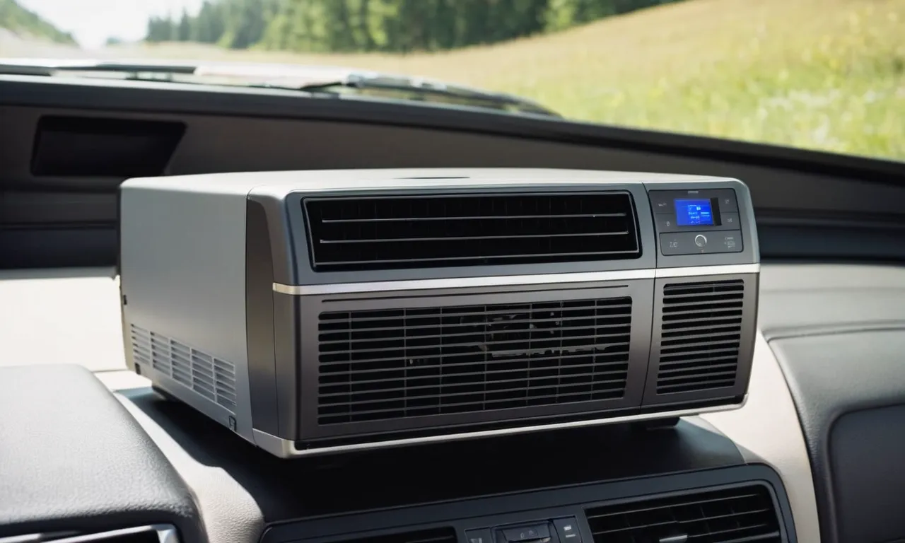 A close-up shot of a sleek portable air conditioner unit mounted on the dashboard of a car, providing cool air and relief during hot summer road trips.
