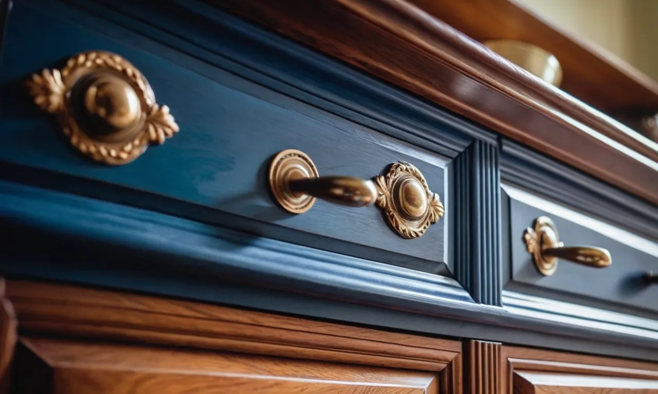 A close-up shot capturing a beautifully painted wooden dresser, showcasing a flawless finish achieved using the best paint for furniture without sanding.