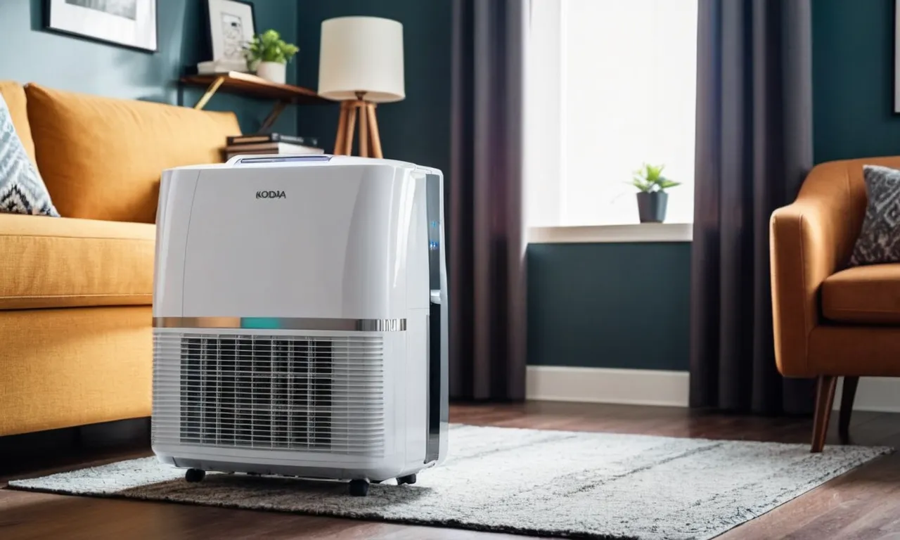 A photo capturing a sleek and compact dual hose portable air conditioner, efficiently cooling a room, while its user enjoys the perfect blend of comfort and convenience.