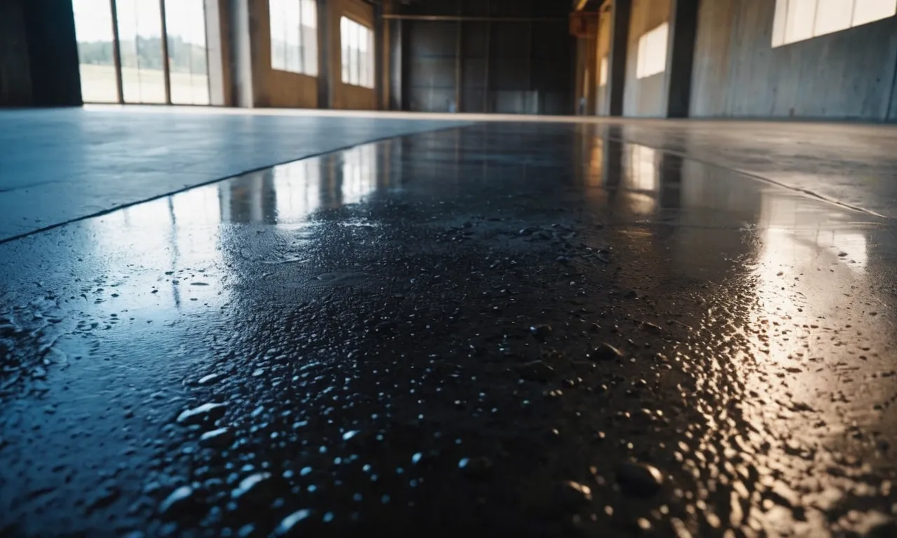 A close-up shot capturing a concrete floor sealed with a thick layer of epoxy coating, displaying a glossy finish and providing the best moisture barrier.