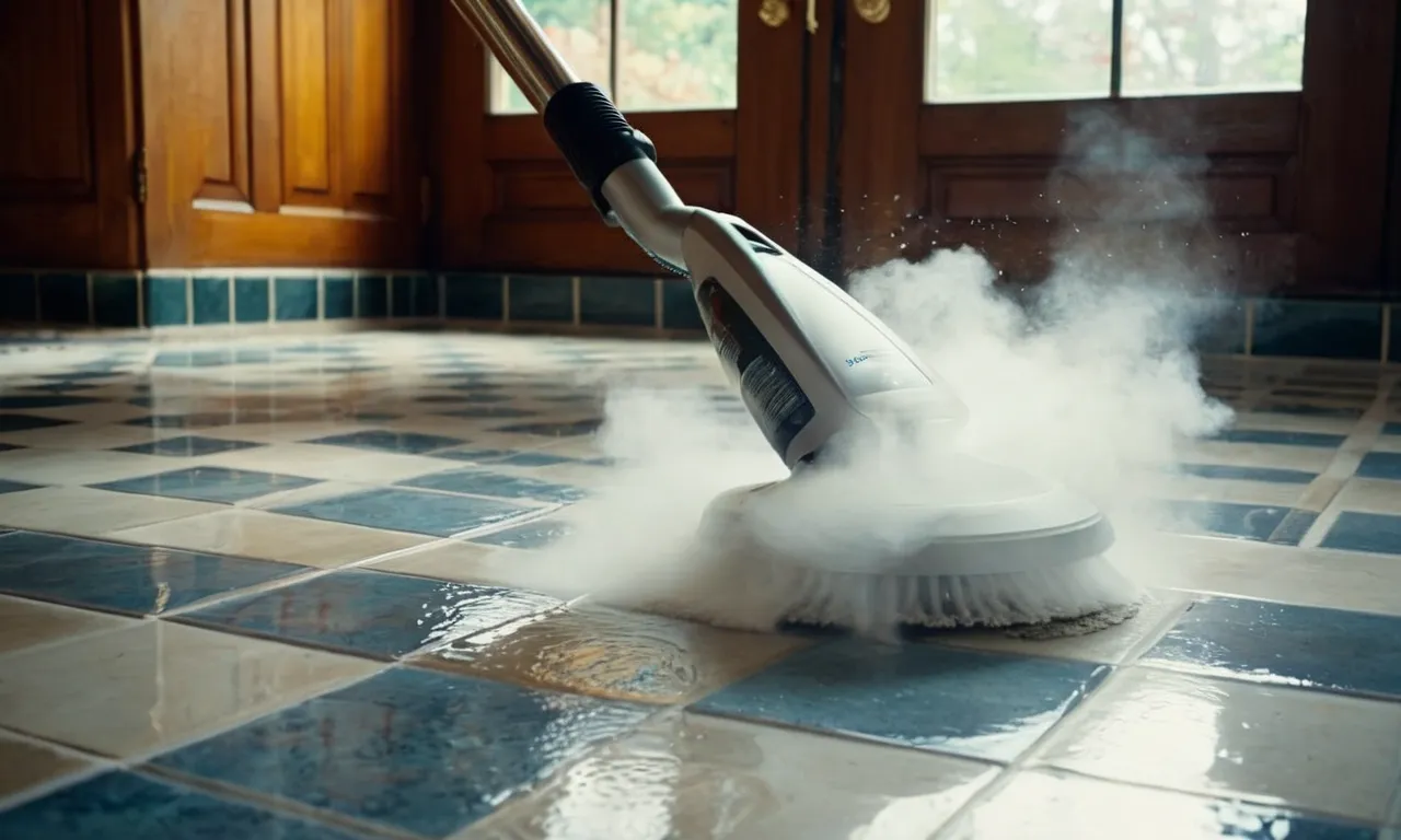A close-up shot of a powerful steam cleaner blasting steam onto dirty tile and grout, effortlessly lifting away years of grime, leaving behind a sparkling, pristine surface.