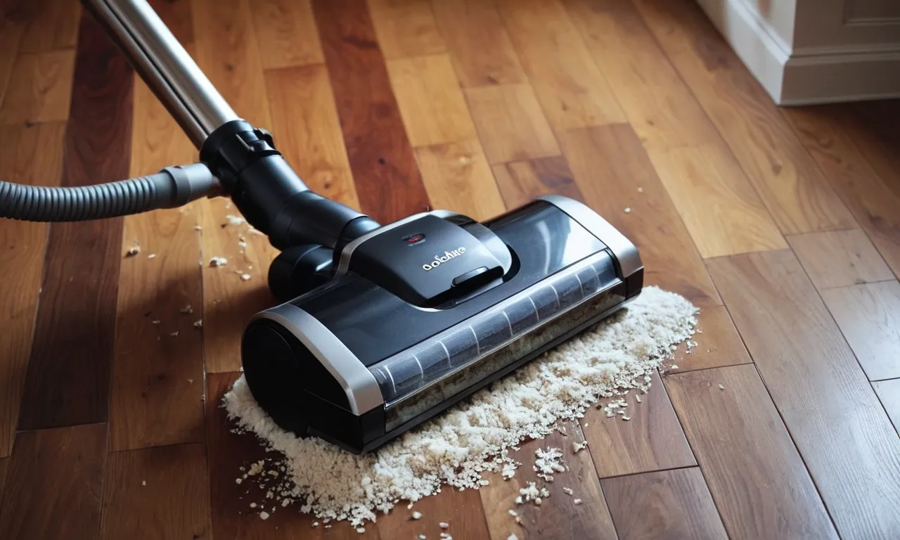 A top-down shot of a sleek cordless vacuum cleaner displayed on a clean hardwood floor, surrounded by scattered crumbs and debris, emphasizing its efficiency in tackling everyday messes.