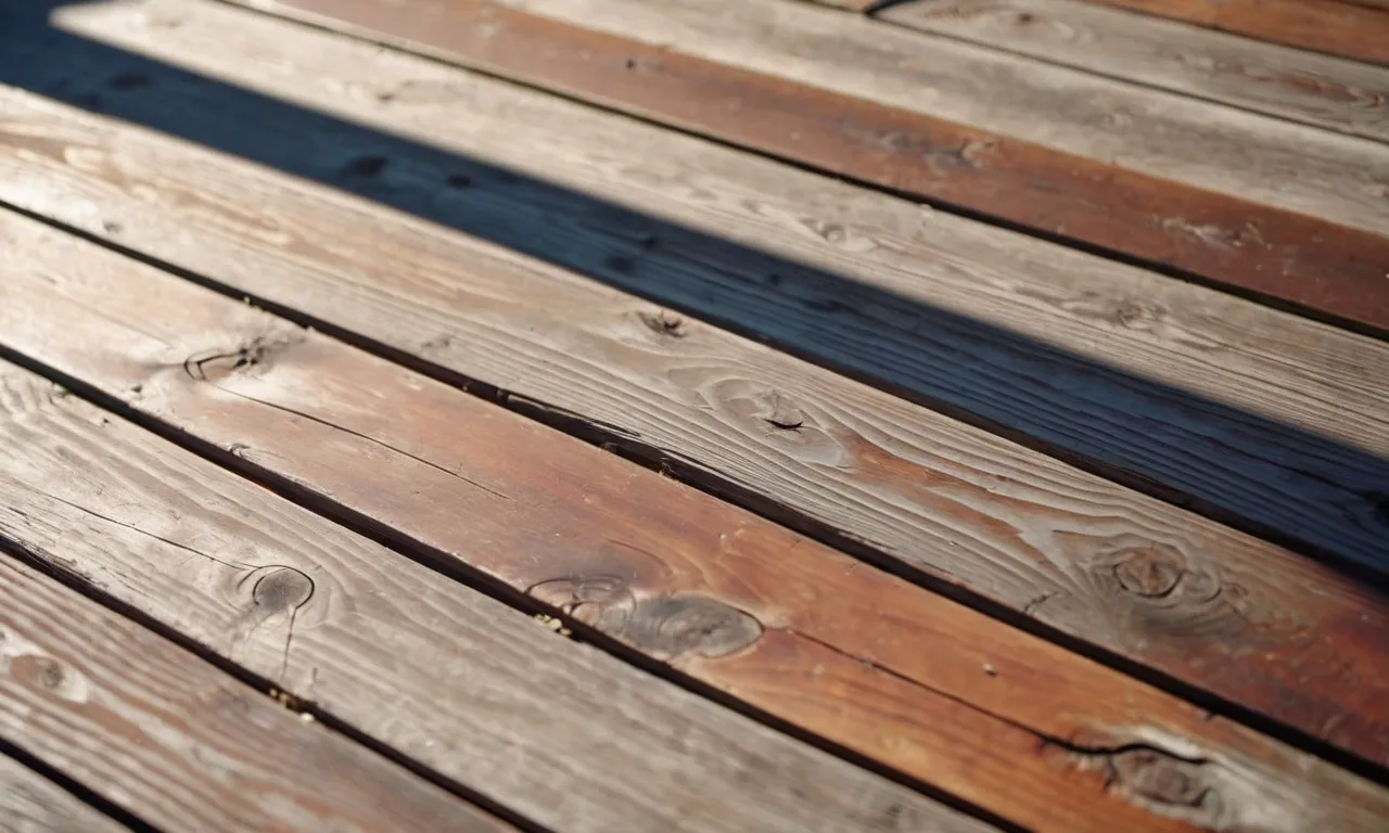 A close-up shot captures a weathered wooden deck bathed in warm sunlight, showcasing its aged beauty. The deck stain rejuvenates its appearance, enhancing the natural grain and offering protection against further deterioration.