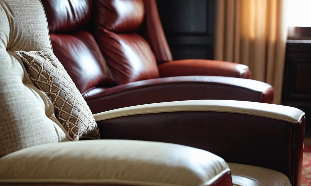 A close-up photo capturing the luxurious comfort of a recliner's cushioned backrest, providing optimal support for the lower back, inviting relaxation and relief from pain.