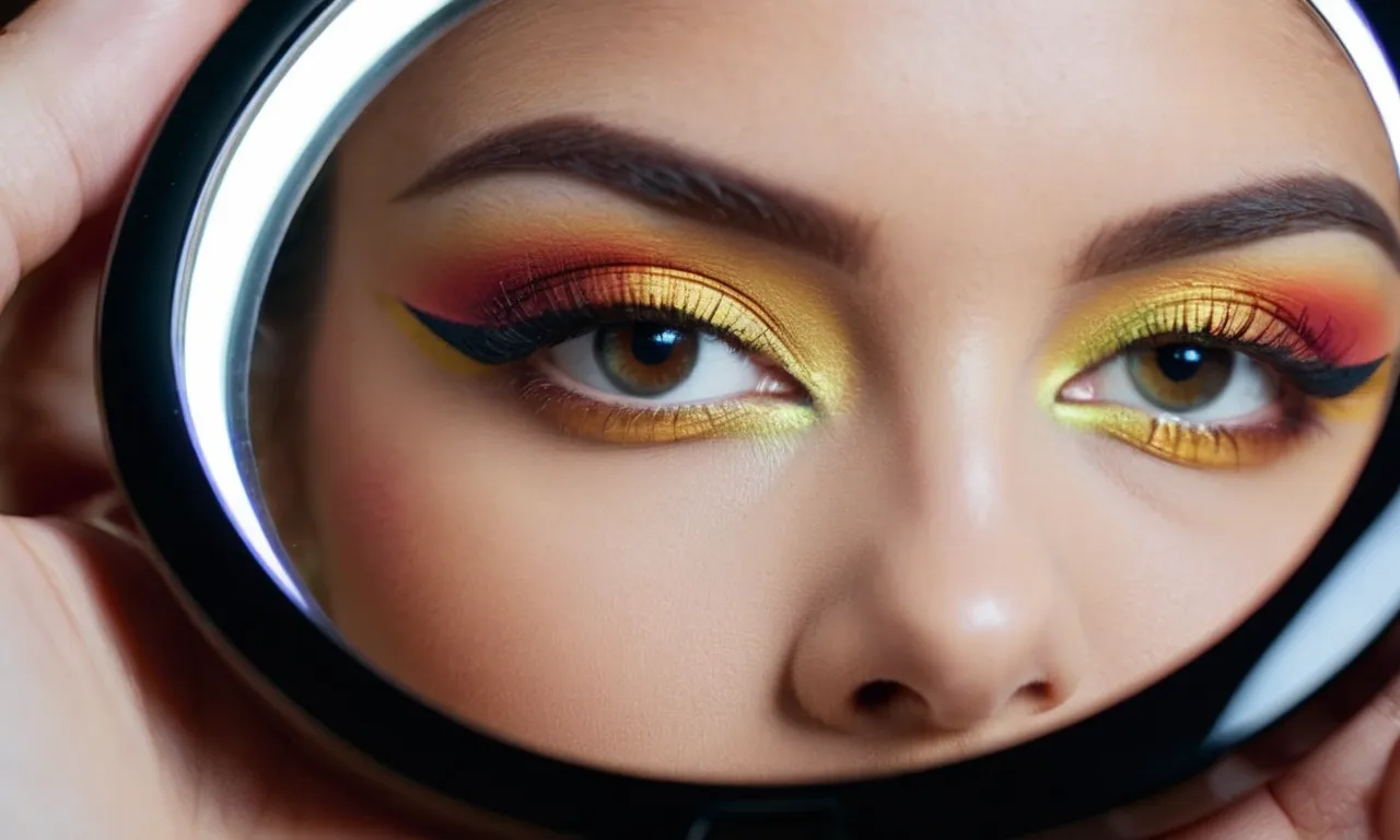 A close-up shot of a sleek, illuminated makeup mirror reflecting the vibrant colors of carefully applied cosmetics, highlighting the detail and precision that older eyes need for flawless makeup application.