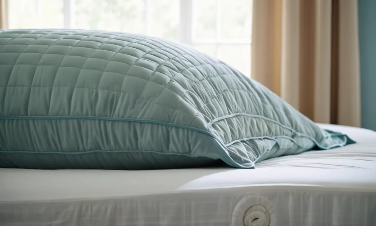 A close-up shot of a serene sleeper on a bed covered by a cooling mattress protector, surrounded by a gentle breeze and a soft, cool color palette.