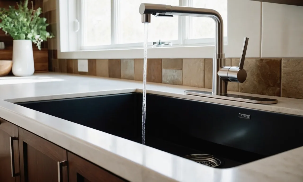 A close-up shot of a sleek, compact under sink water filter system installed neatly beneath a kitchen sink, purifying tap water into crystal-clear, refreshing hydration.
