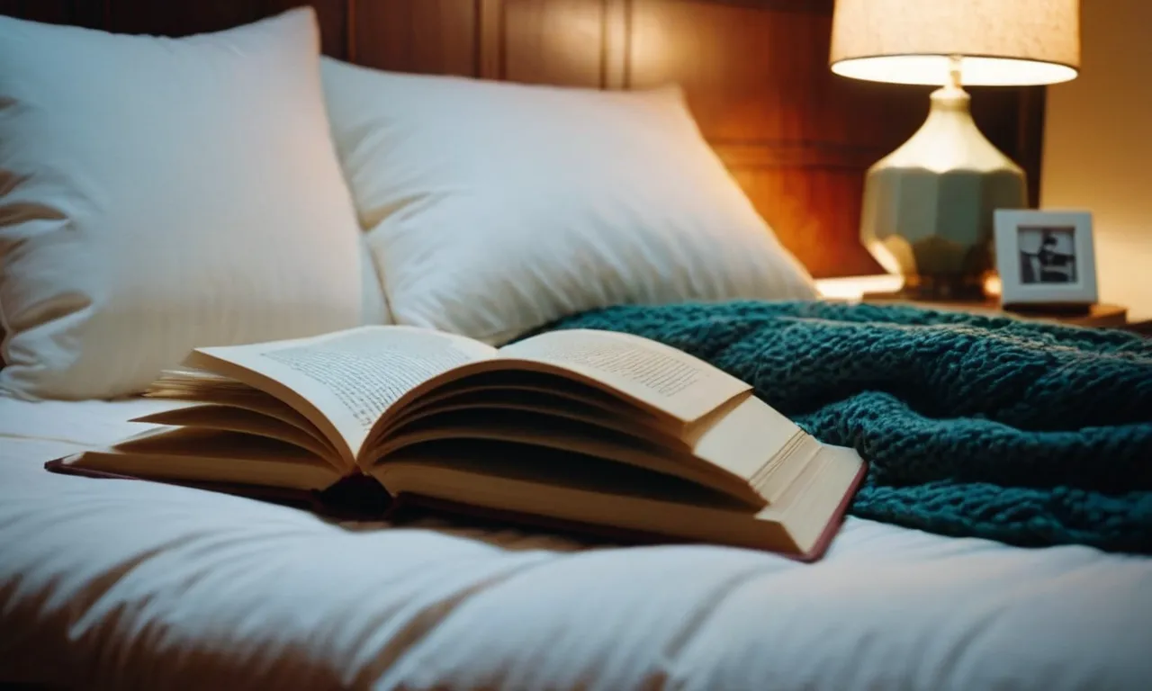A close-up shot capturing a cozy reading nook in bed, featuring a fluffy pillow adorned with a book resting on it, bathed in warm, soft lighting.