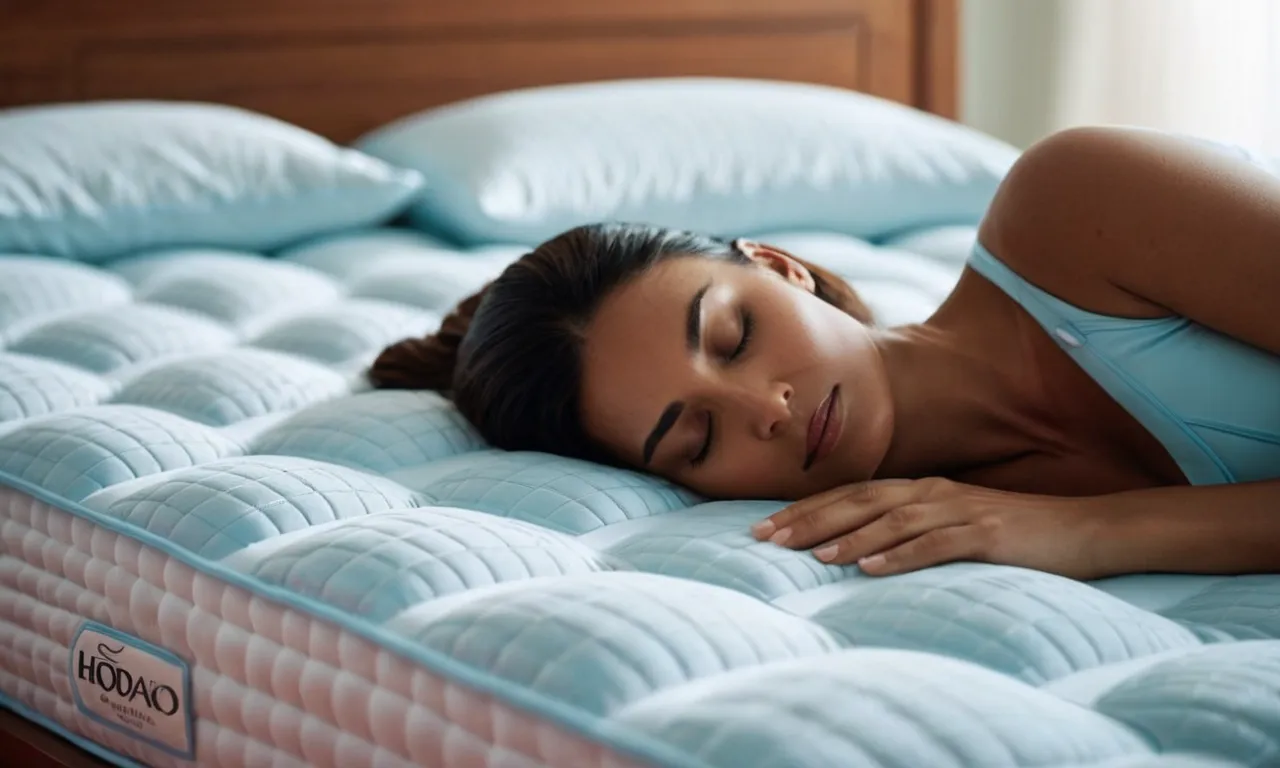A close-up shot of a cooling mattress pad, with a serene woman sleeping peacefully on it, providing relief from hot flashes.