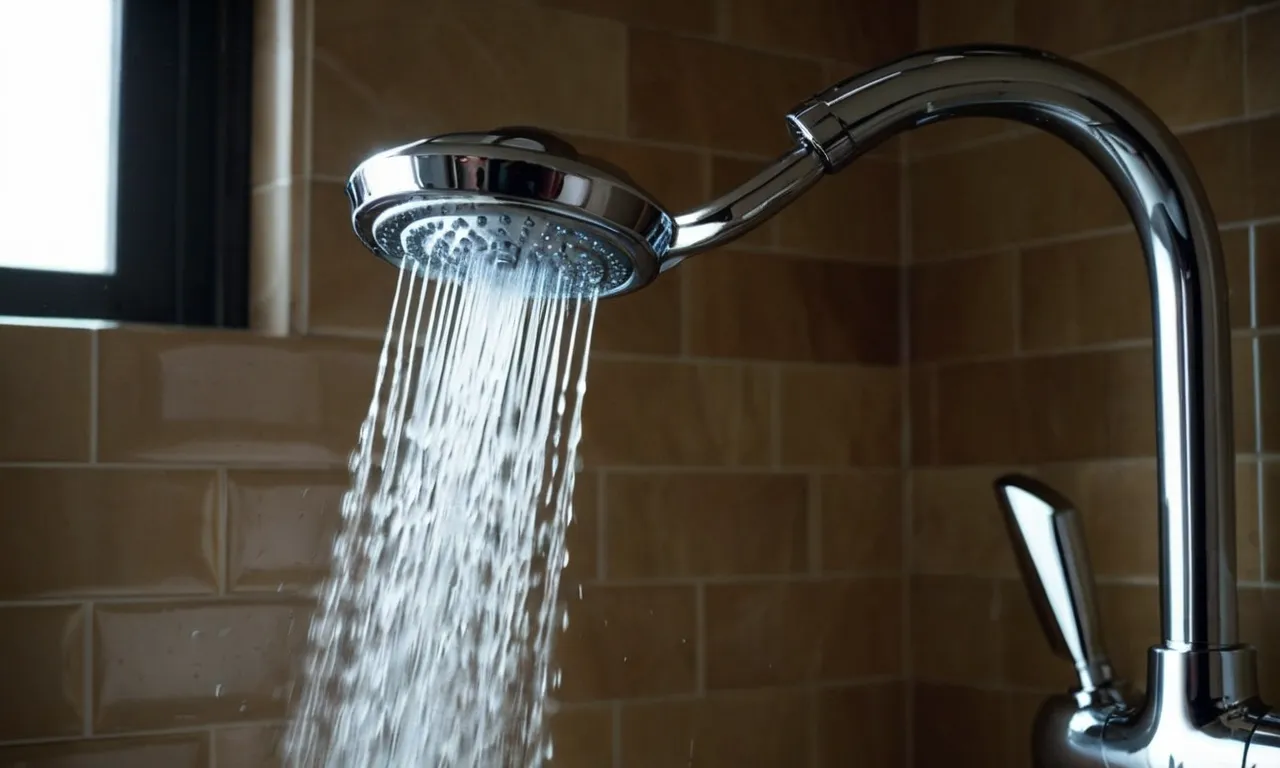 A close-up shot of a sleek, modern showerhead releasing a powerful stream of water against a backdrop of a dripping faucet, symbolizing the search for the best showerhead for low water pressure.