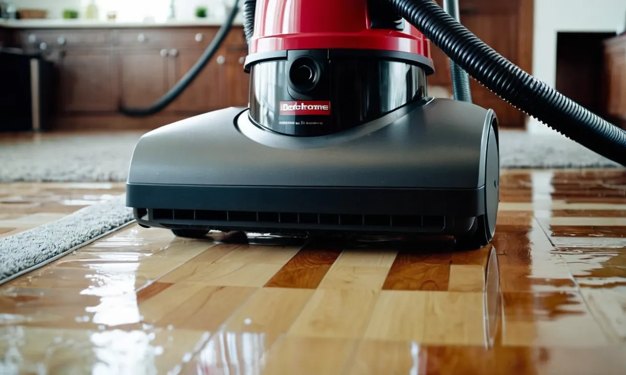 A close-up shot of a powerful wet and dry vacuum cleaner, showcasing its sleek design and versatile attachments, ready to tackle any cleaning task in a home with ease.