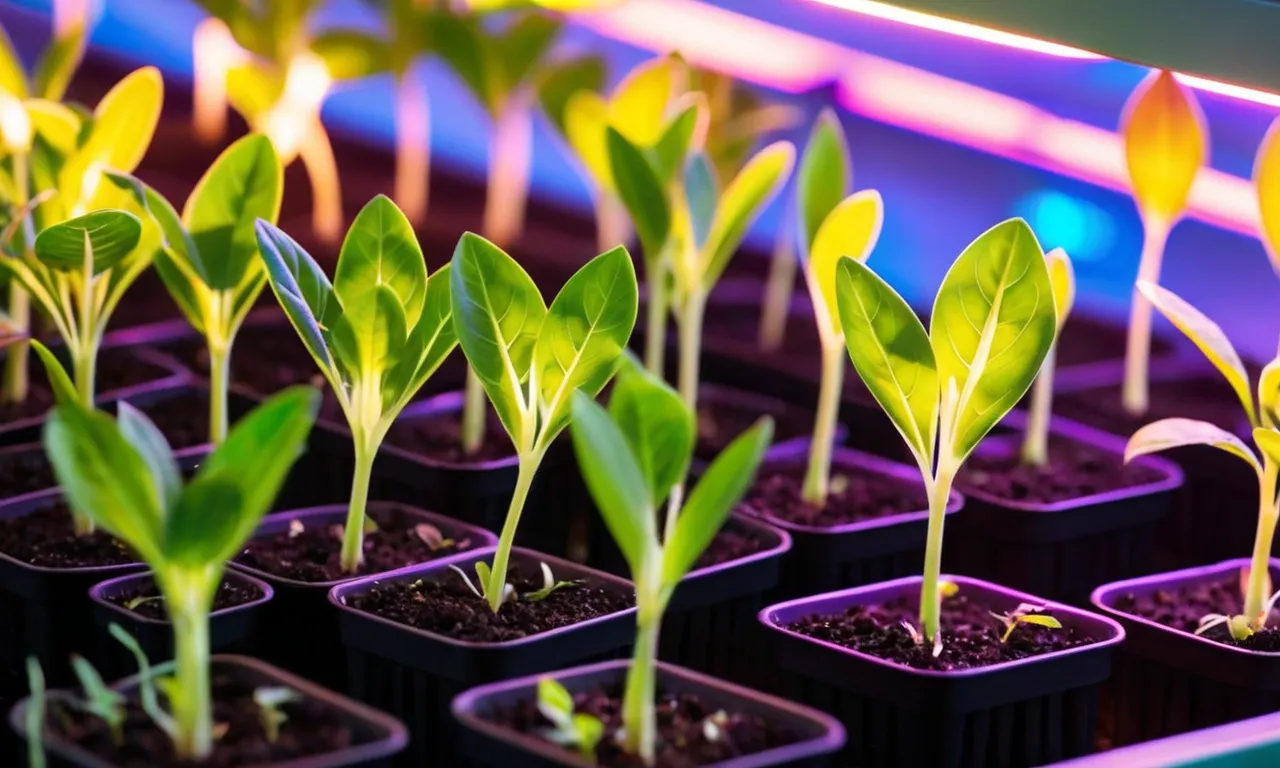 A close-up shot of vibrant seedlings bathed in the warm glow of premium grow lights, showcasing their rapid growth and healthy green leaves.
