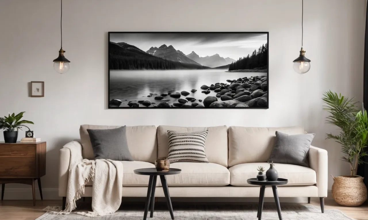 A captivating black and white landscape photograph hangs on a neutral-colored living room wall, showcasing the beauty of nature and creating a serene atmosphere.