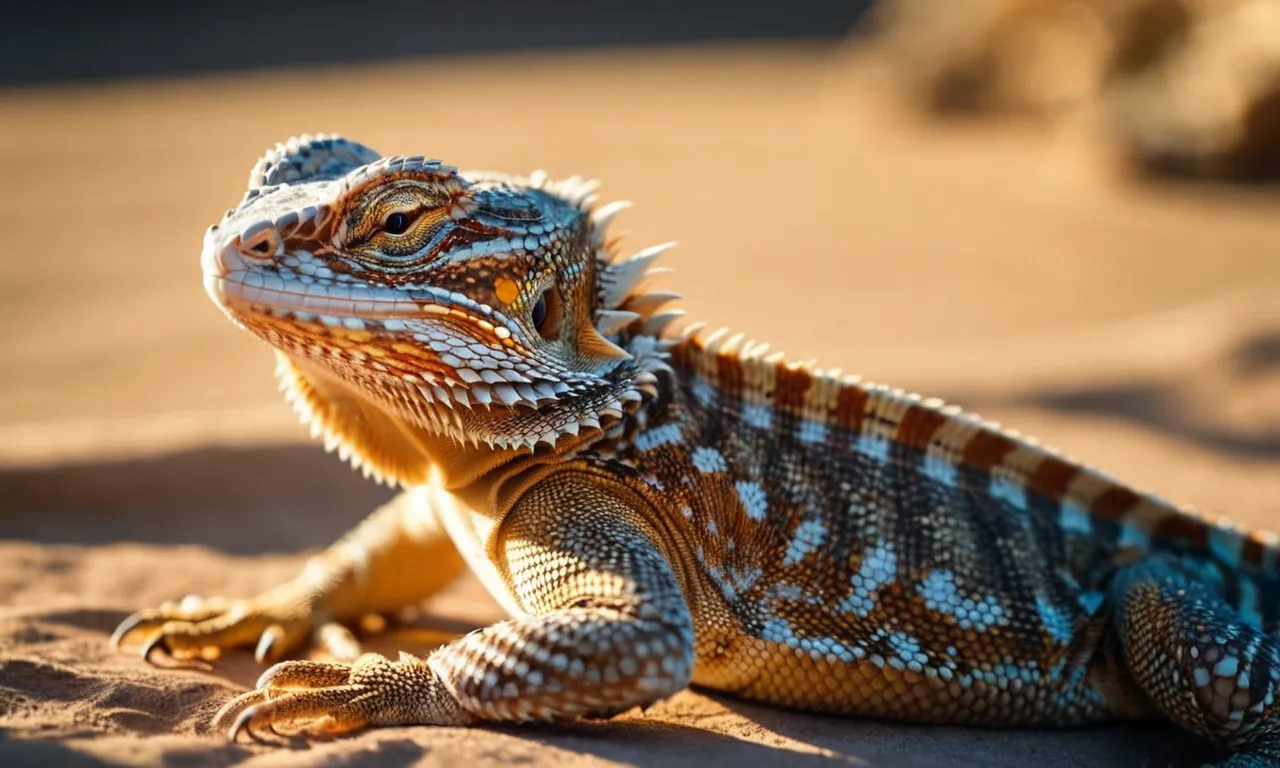 A close-up shot of a bearded dragon basking under the warm rays of a UVB light, showcasing the reptile's vibrant scales and content expression.